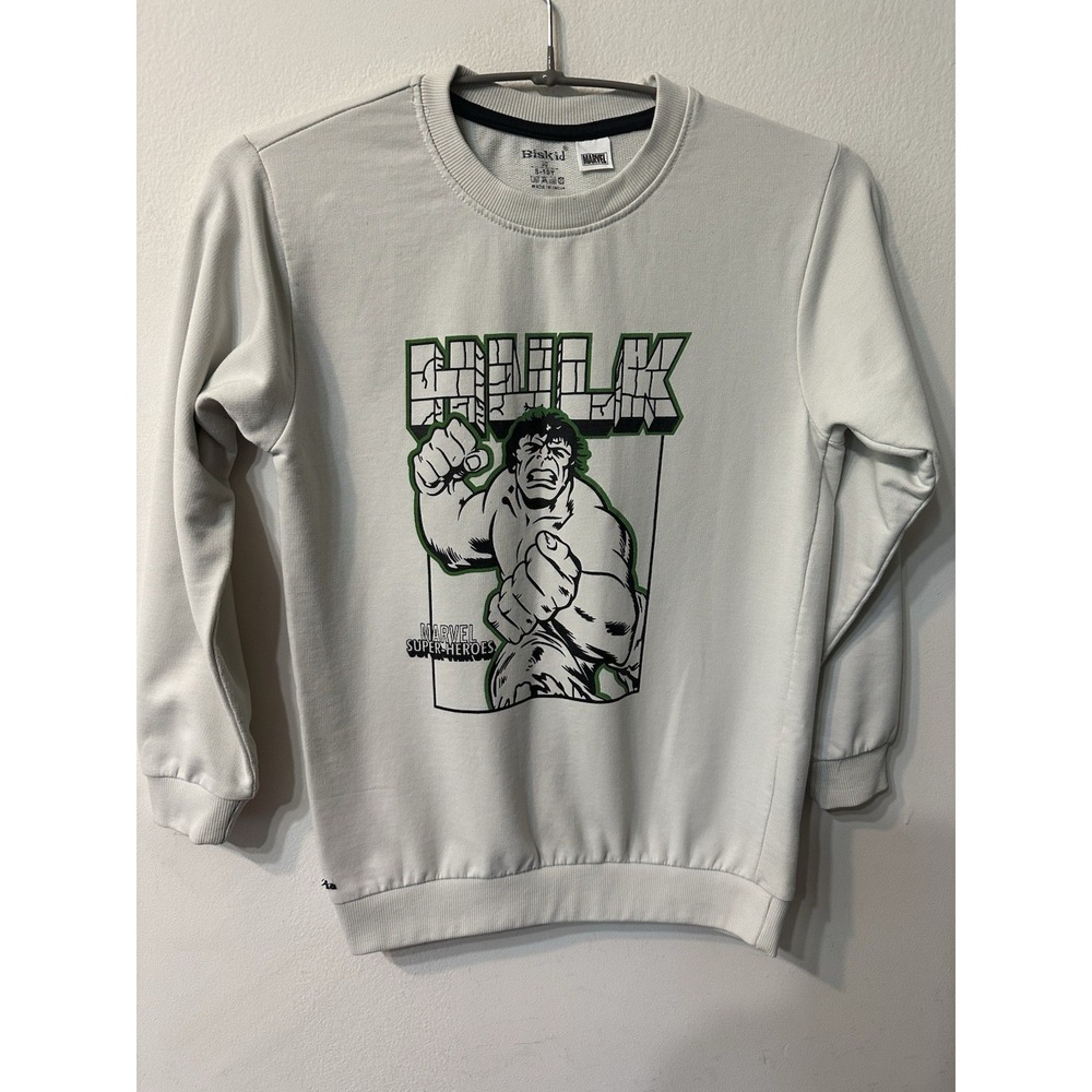 Marvel Biskid Boys Hulk Sweatshirt Off White Graphic Crewneck Sweater Size 8-10Y